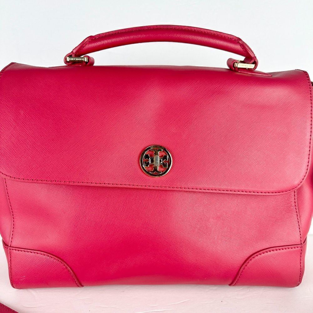 Tory Burch Robinson Leather Top Handle Handbag Purse Flap Pink - Picture 2 of 16